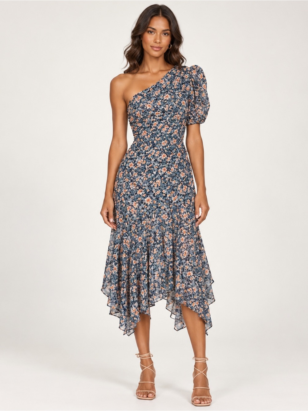 ASTR The Label Blue & Peach Floral One-Shoulder Asymmetrical Wrap Midi Dress, M